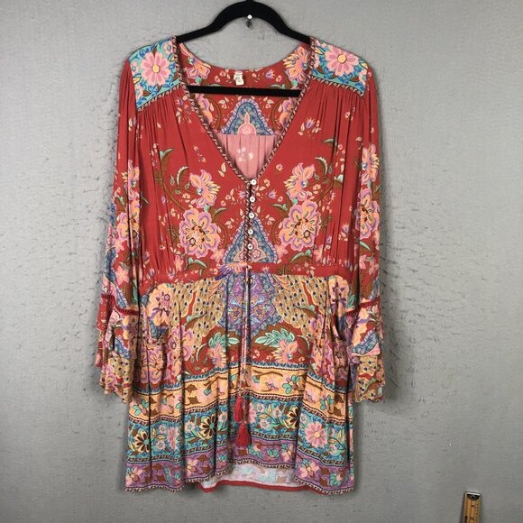 Spell Dress Womens Medium Rust Floral Boho Tassel Bell Sleeve Button Front Mini - Picture 1 of 16